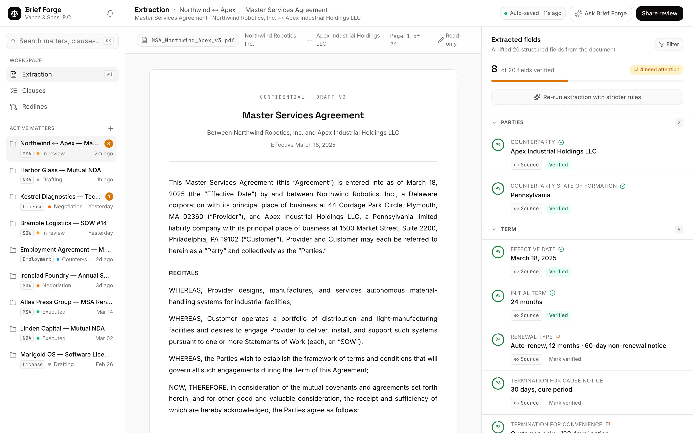 Brief Forge extraction view: a split pane listing more than fourteen extracted contract fields, each with a confidence score, and a click-to-source citation linking back to the underlying clause in the contract.