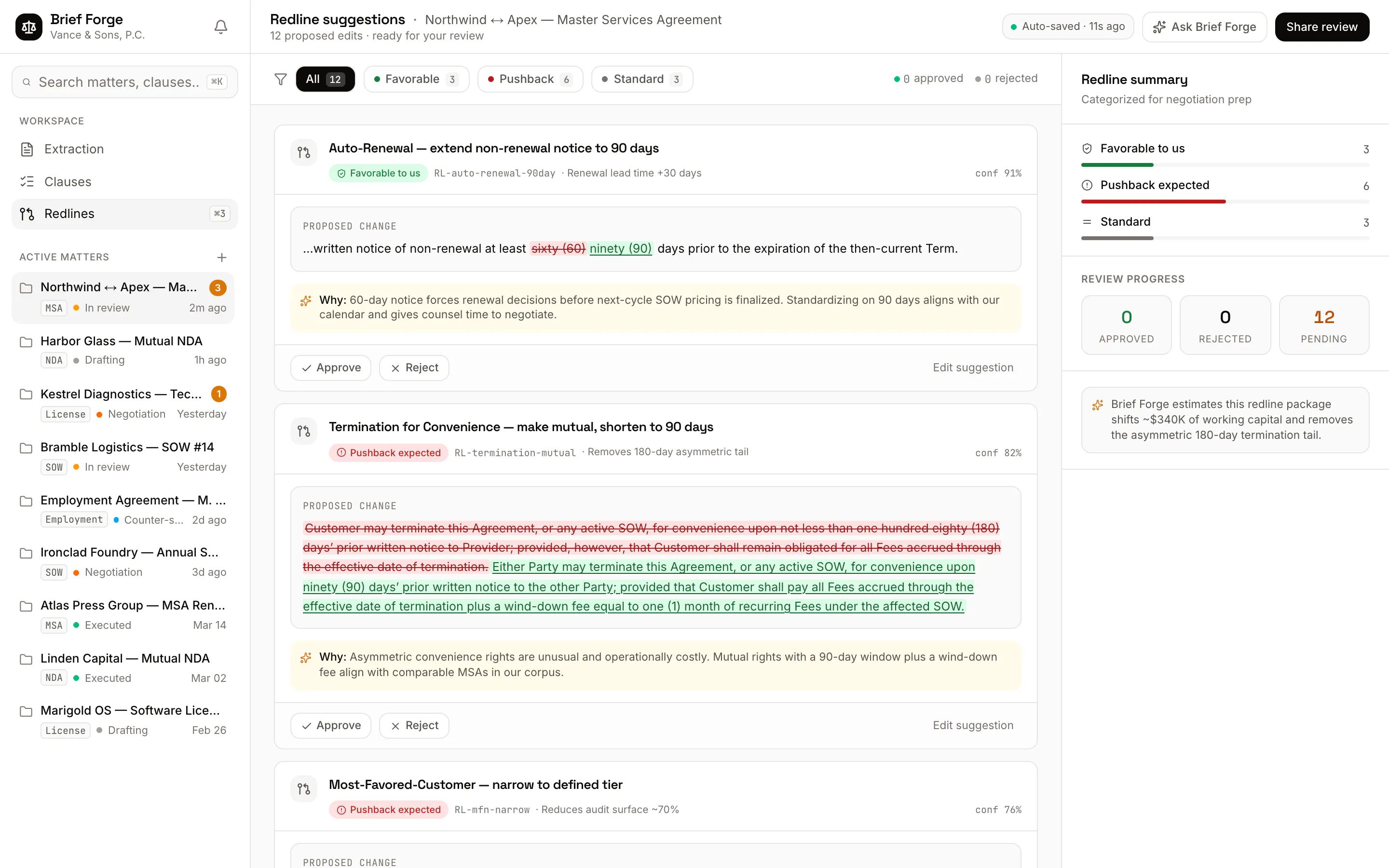 Brief Forge redline view: inline diffs showing struck text and suggested replacements, each accompanied by an AI rationale and approve or reject controls.