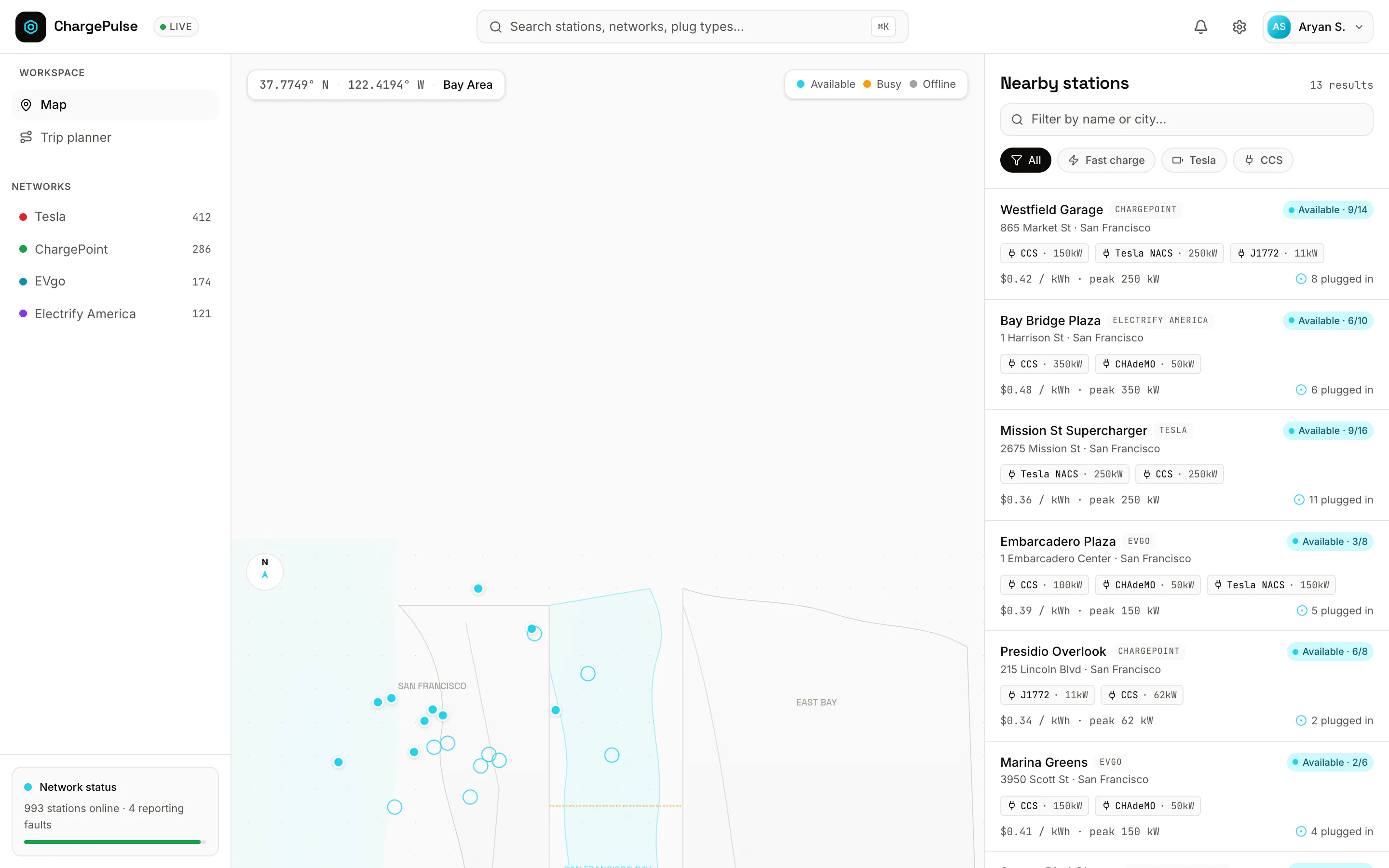 Charge Pulse live map with pulsing station markers across the Bay Area, showing real-time charger availability color-coded by network.