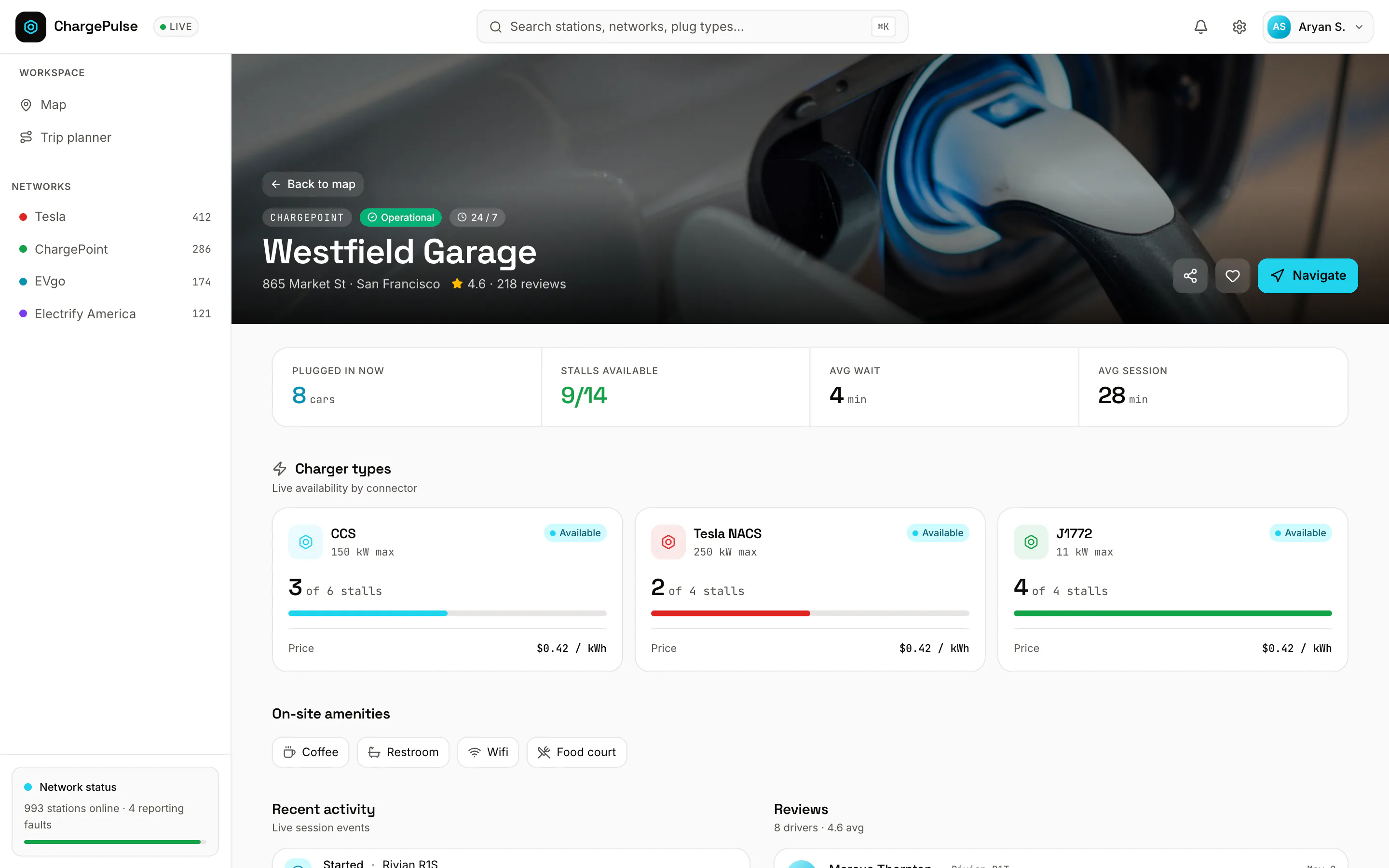 Charge Pulse station detail page listing connectors, live status, on-site amenities and recent charging activity.
