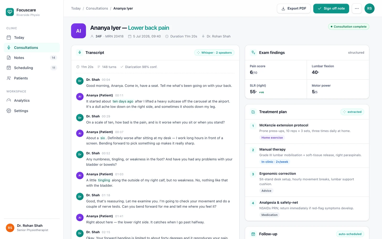 A single Focuscare consultation: the conversation transcript, the generated SOAP note, and the auto-scheduled follow-up appointment shown together.