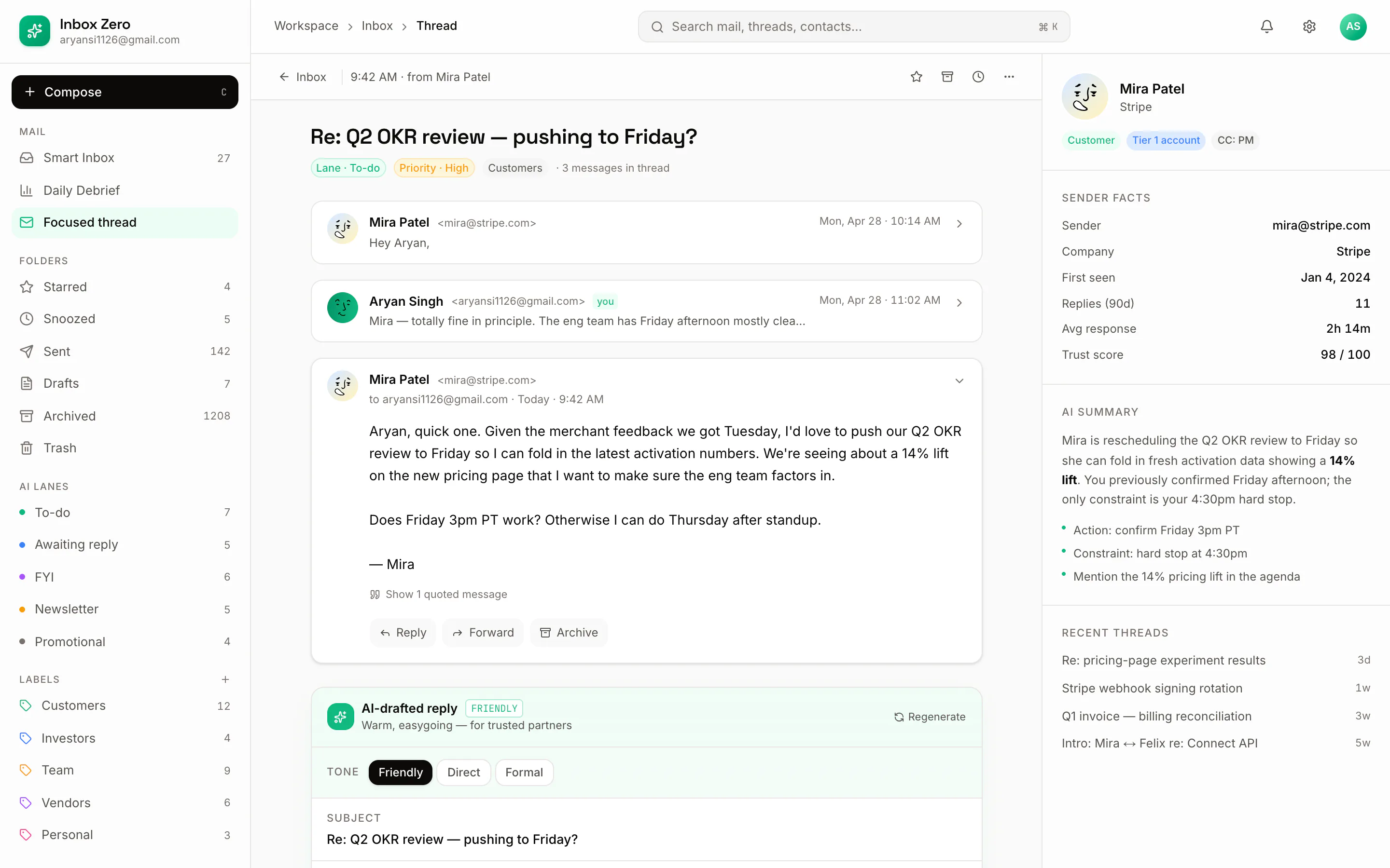 Inbox Zero email thread view showing a drafted reply on the right with inline citations explaining why each part of the reply was written.