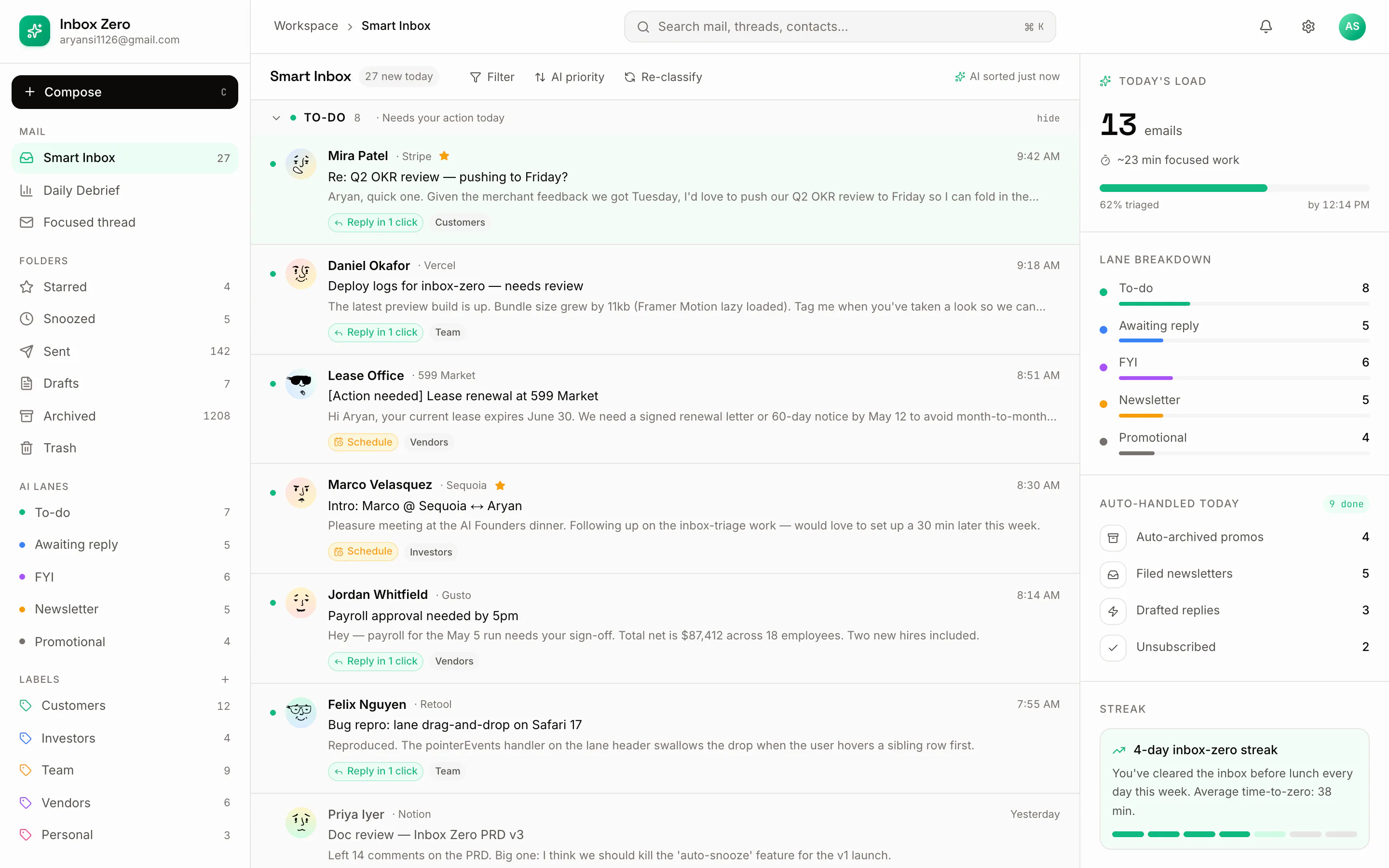 Inbox Zero three-pane smart inbox with emails sorted into AI-classified lanes and a suggested action shown beside each thread.