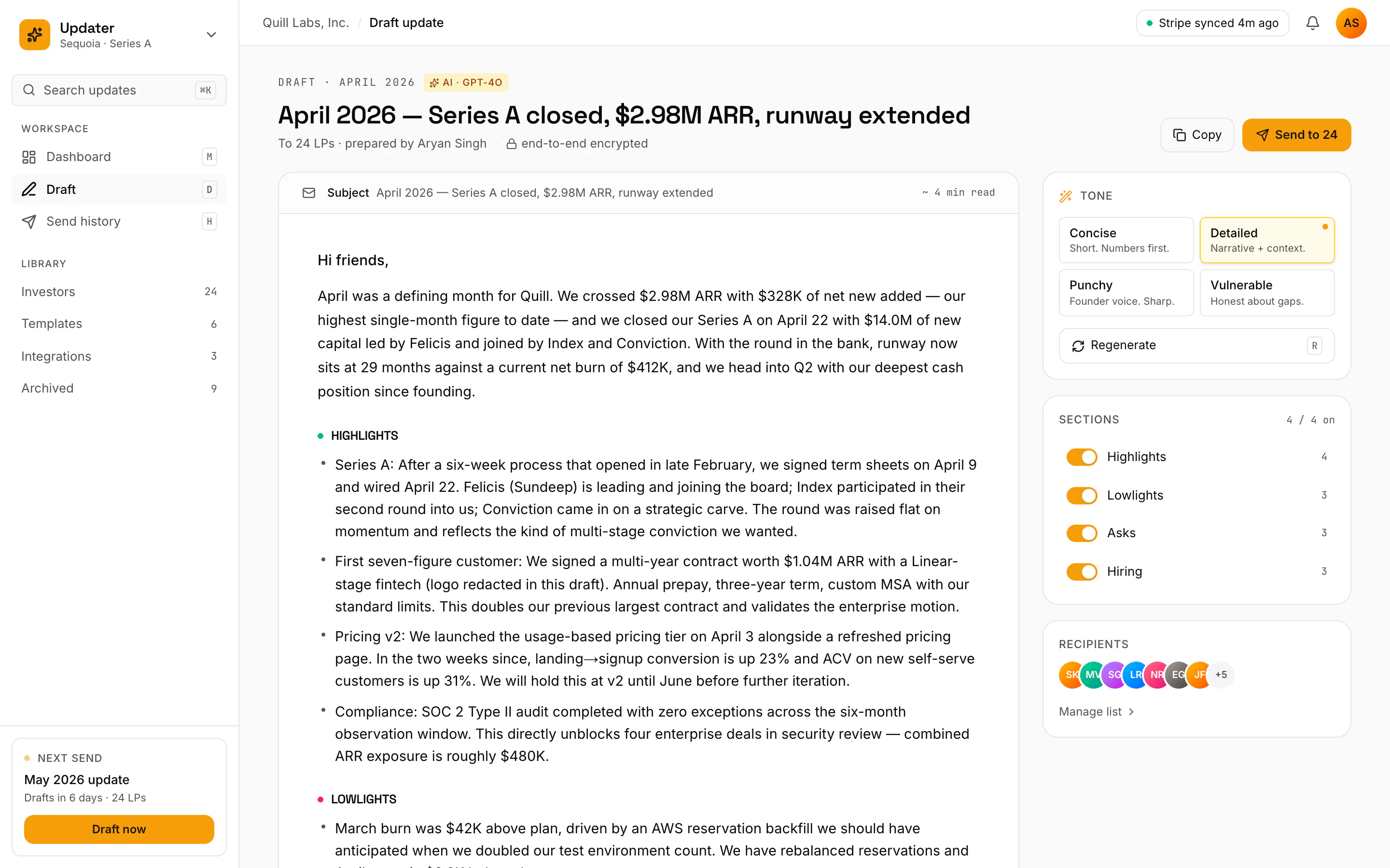 A drafted investor update shown in the editor with tone toggles in the right rail.