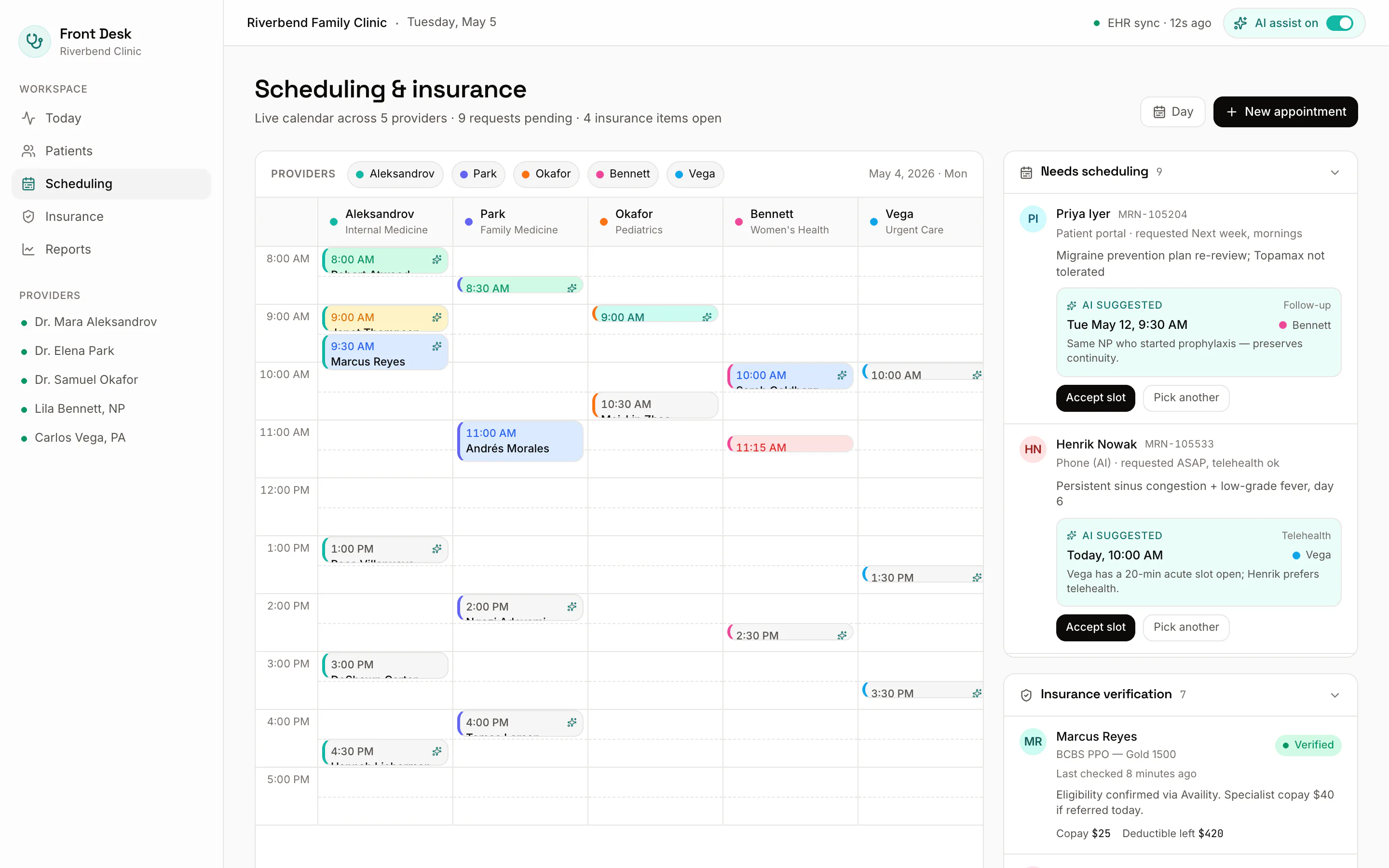 The Patient Front Desk calendar across multiple providers with AI-suggested scheduling slots and an insurance-verification queue.