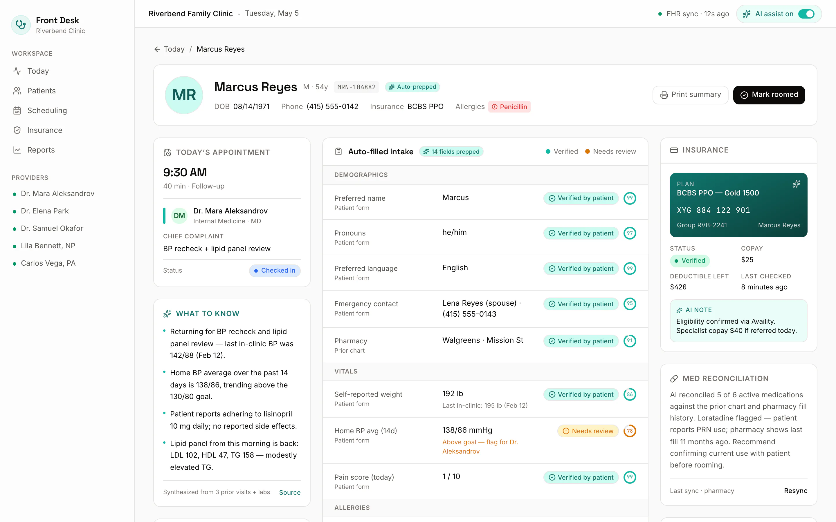 A Patient Front Desk patient detail view with auto-filled intake fields, confidence rings and an AI-generated summary.