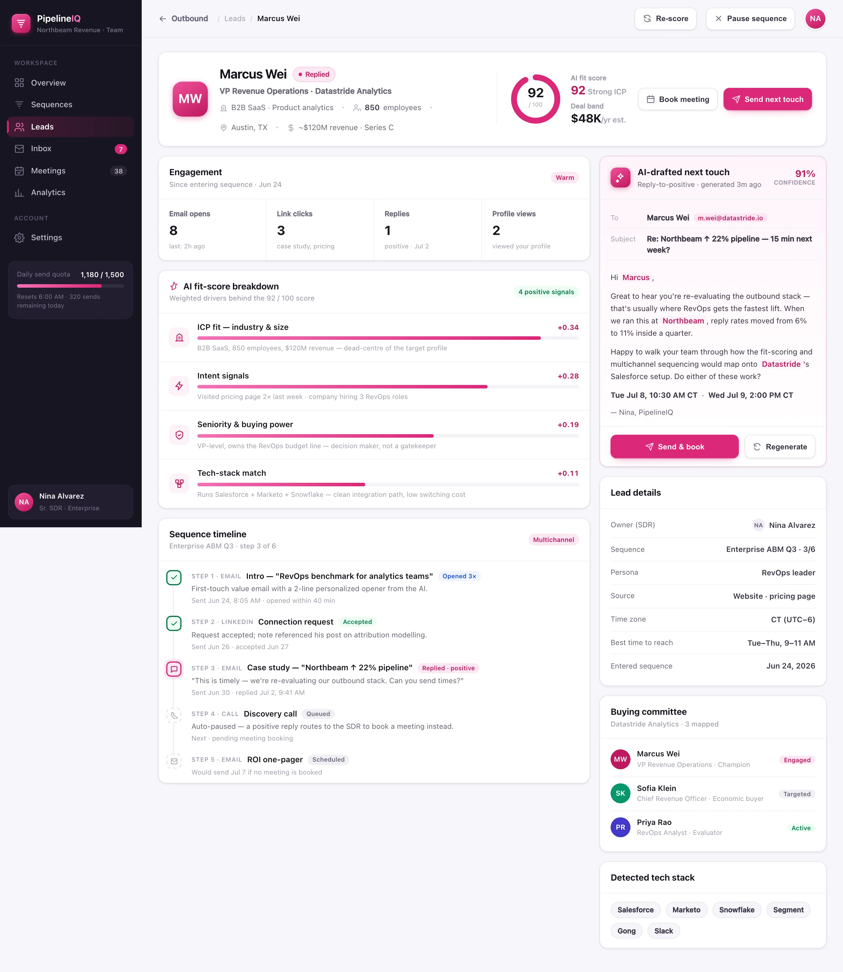 PipelineIQ lead detail for Marcus Wei: a 92/100 AI fit ring, a weighted fit-score breakdown, a multichannel sequence timeline and an AI-drafted next-touch email at 91% confidence.