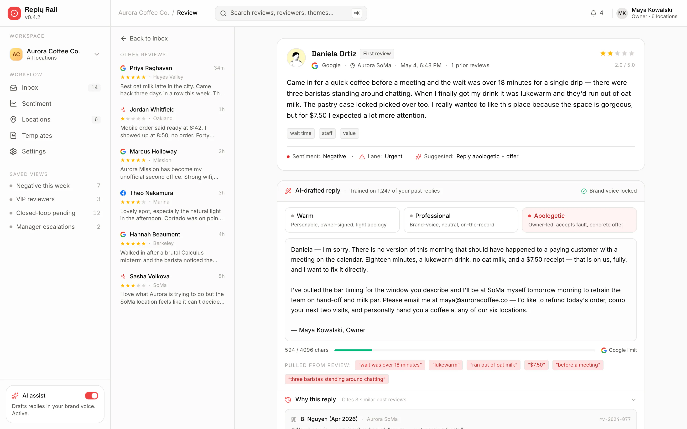 Reply Rail review detail: a two-star Google review about an 18-minute wait, next to an AI-drafted apologetic owner-signed reply, three tone-preset tabs, a character count against the Google limit, and chips showing the phrases pulled from the review.
