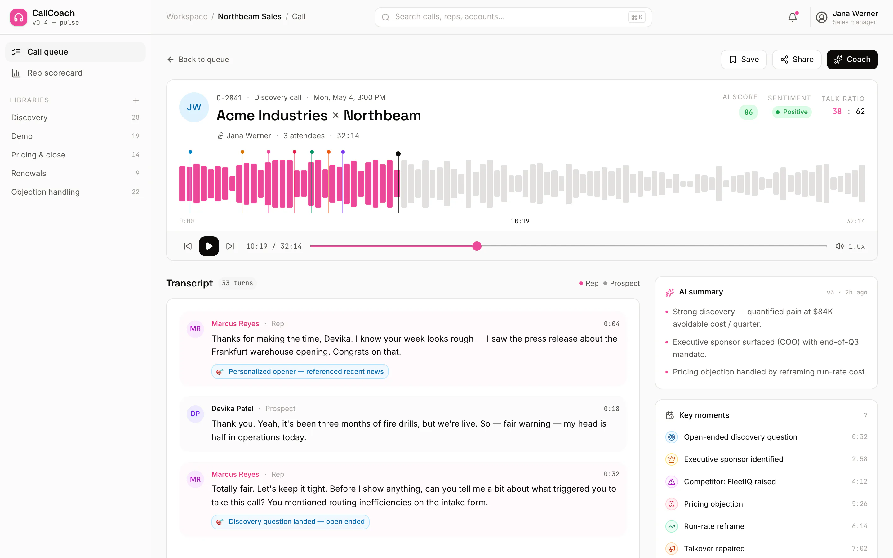 A Sales Call Coach transcript with inline AI annotations marking discovery hits, objections and talkovers.