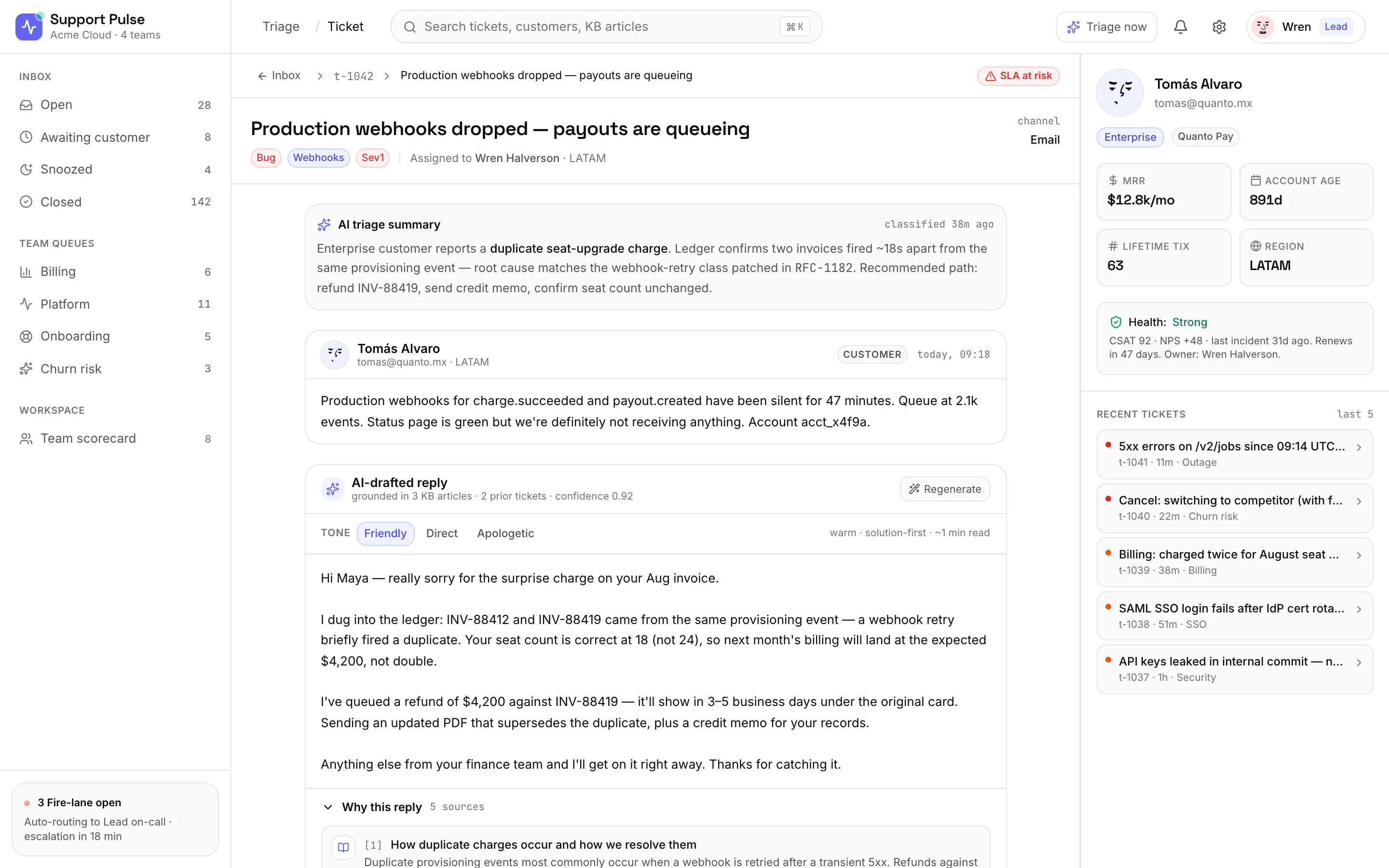 Support Pulse ticket detail with an AI triage summary and a drafted reply in Friendly tone, grounded in KB articles, beside a customer context sidebar.
