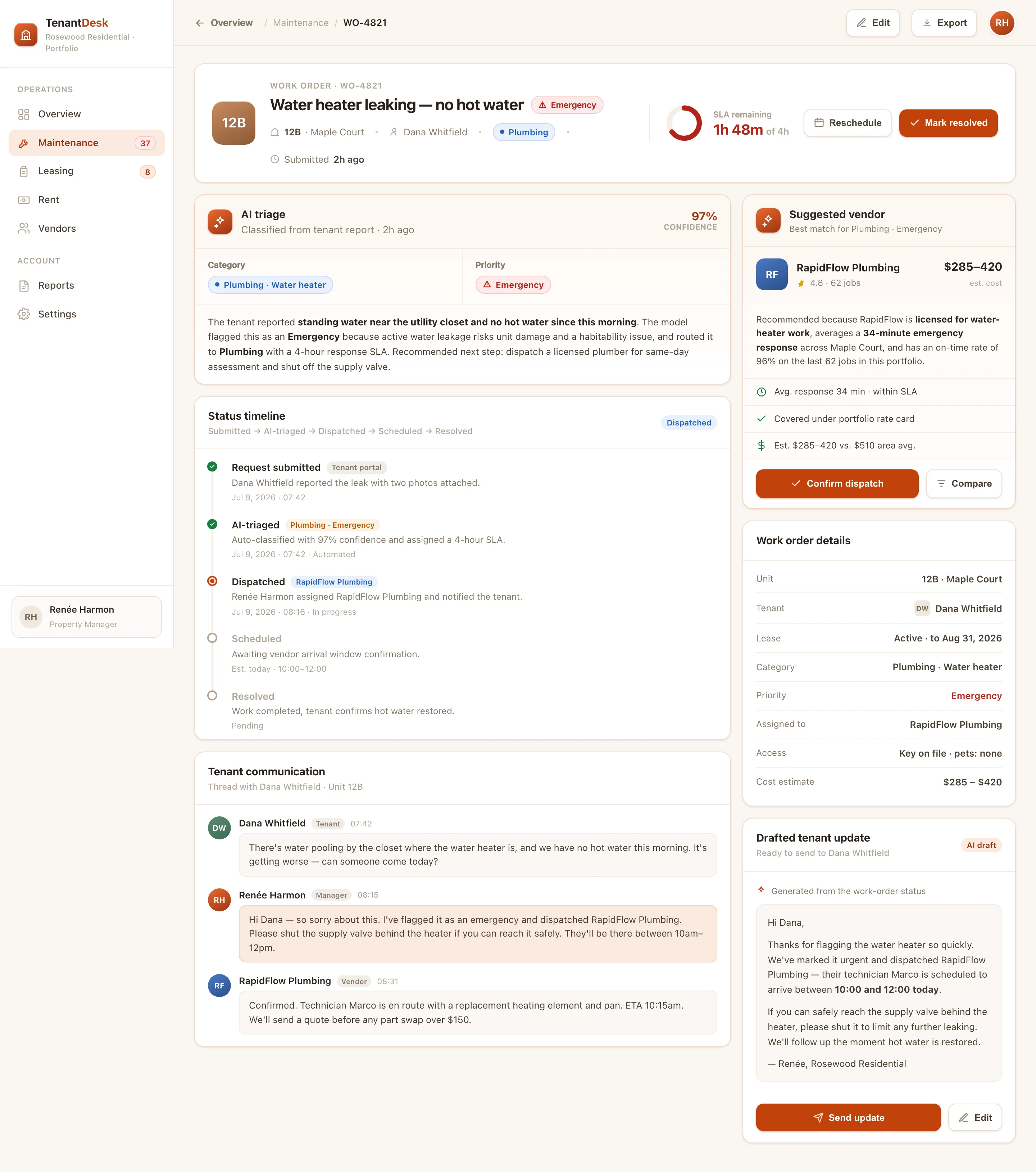 TenantDesk work-order detail: an AI triage card classifying the issue as Plumbing and Emergency, a status timeline, a suggested vendor with a cost estimate, a tenant communication thread, and a drafted tenant message.