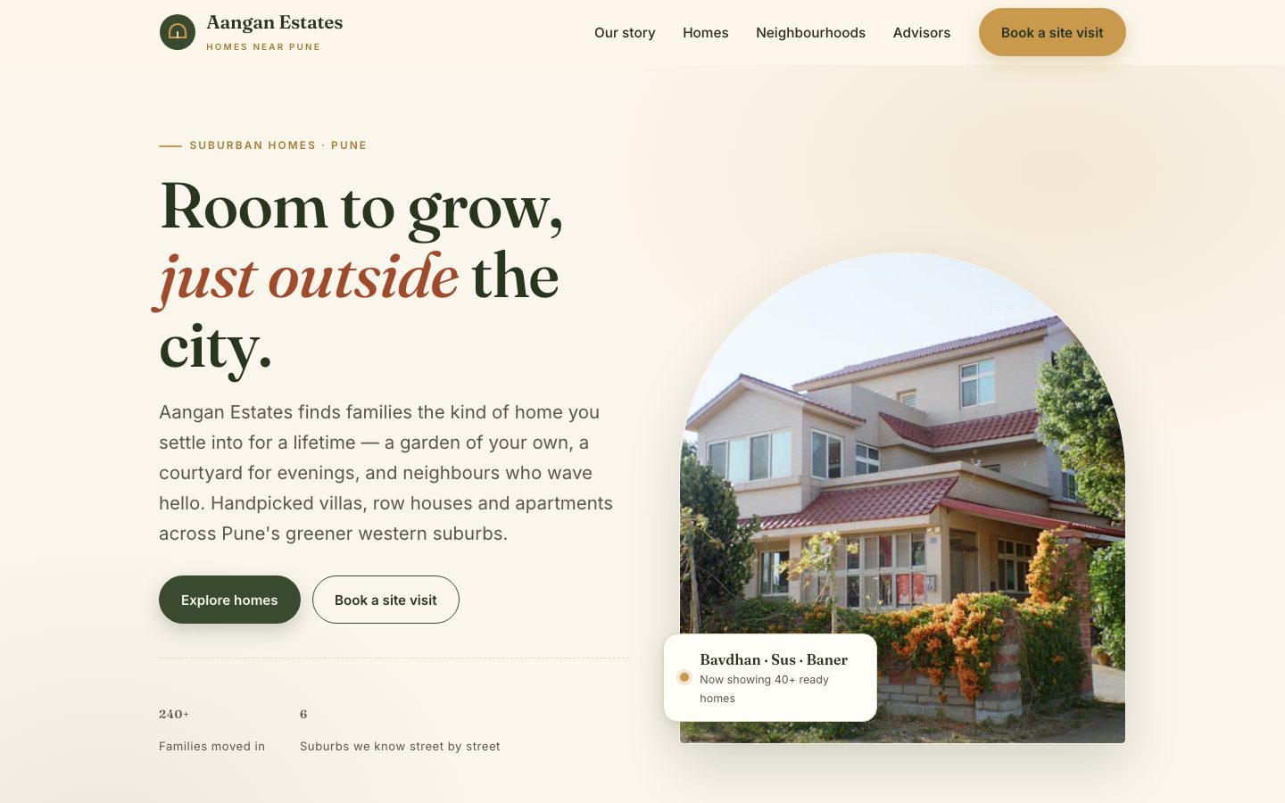 Home page of Aangan Estates, a suburban homes website built by The Close Studio