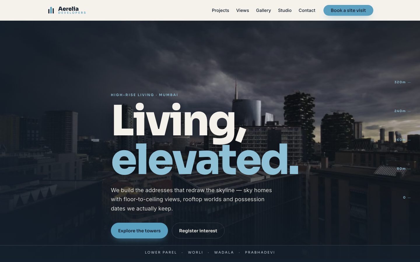 Home page of Aerelia Developers, a high-rise developer website built by The Close Studio