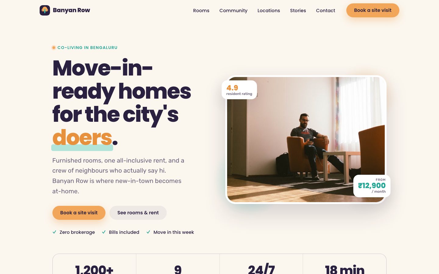 Home page of Banyan Row Co-Living, a co-living website built by The Close Studio