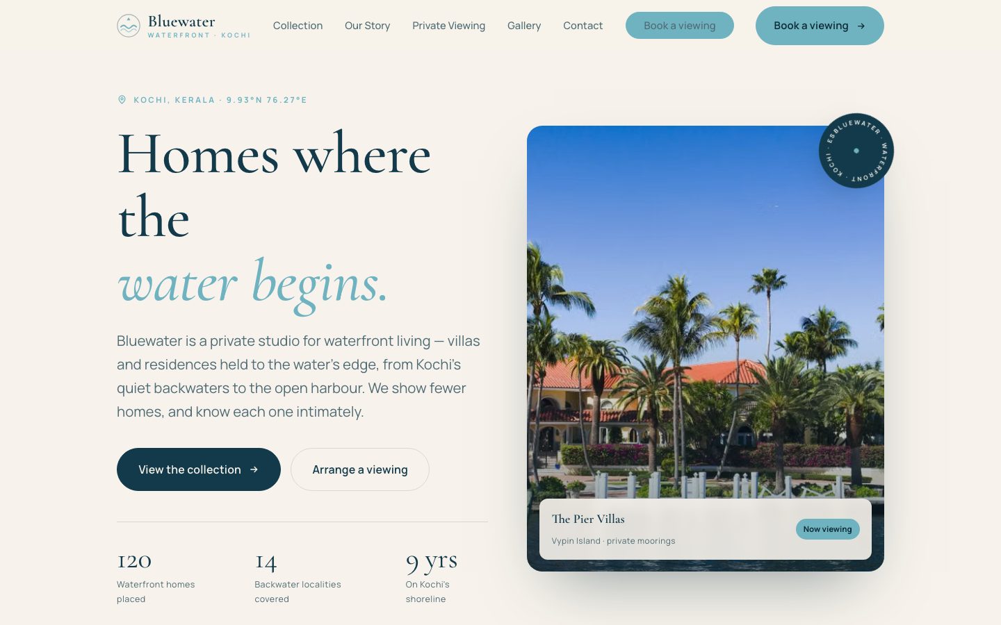 Home page of Bluewater Waterfront, a waterfront homes website built by The Close Studio