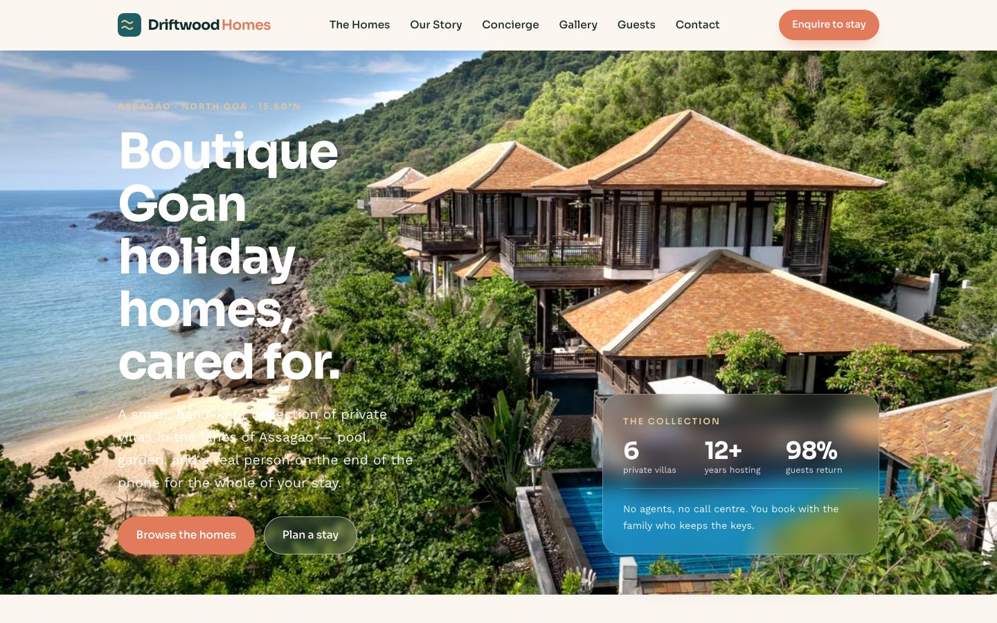 Home page of Driftwood Homes, a holiday home rentals website built by The Close Studio