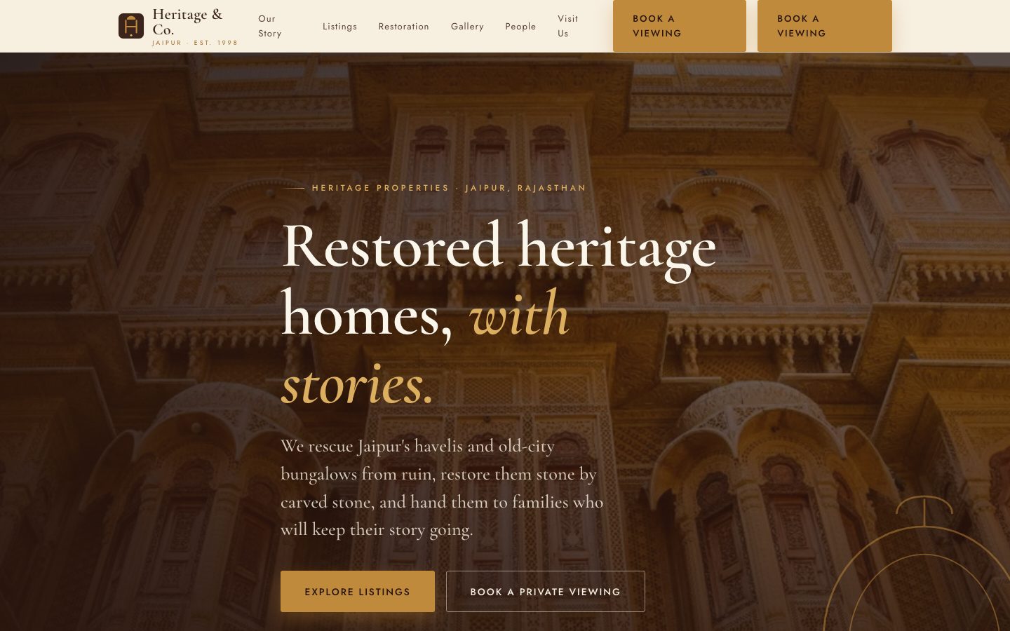 Home page of Heritage & Co., a heritage properties website built by The Close Studio