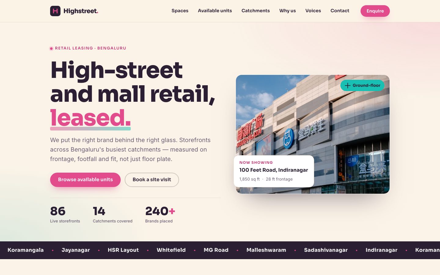 Home page of Highstreet Retail, a retail leasing website built by The Close Studio