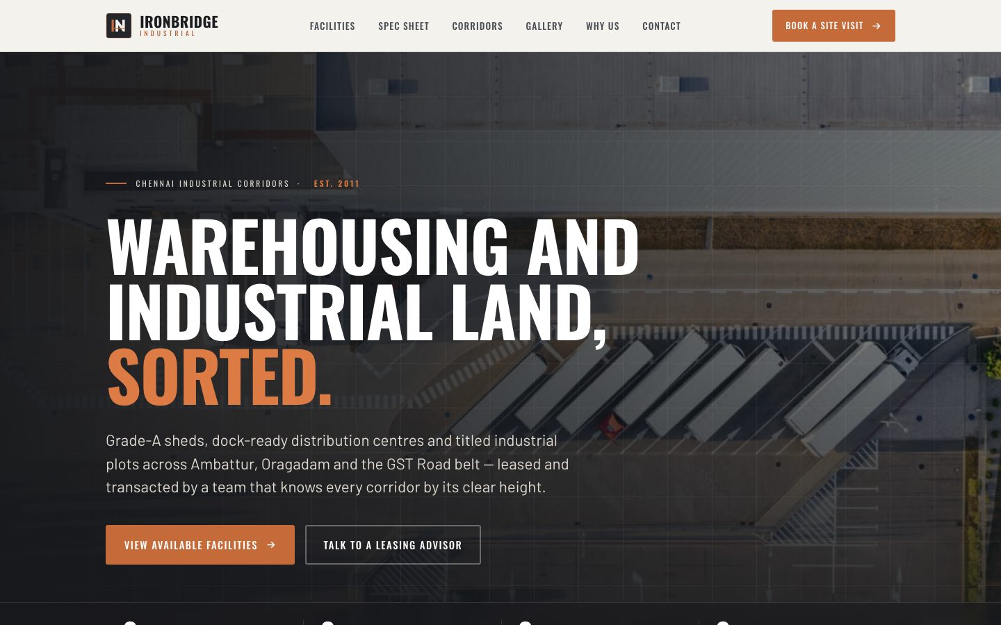 Home page of Ironbridge Industrial, a industrial real estate website built by The Close Studio