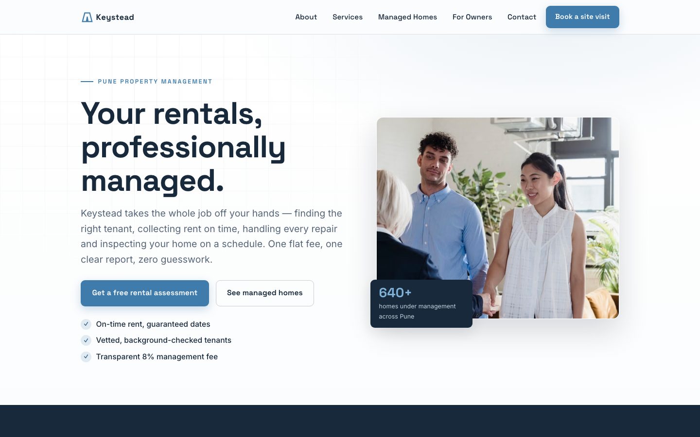 Home page of Keystead Property Management, a property management website built by The Close Studio