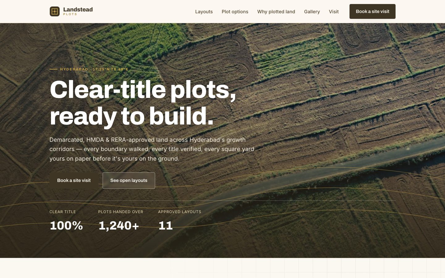 Home page of Landstead Plots, a plotted land website built by The Close Studio