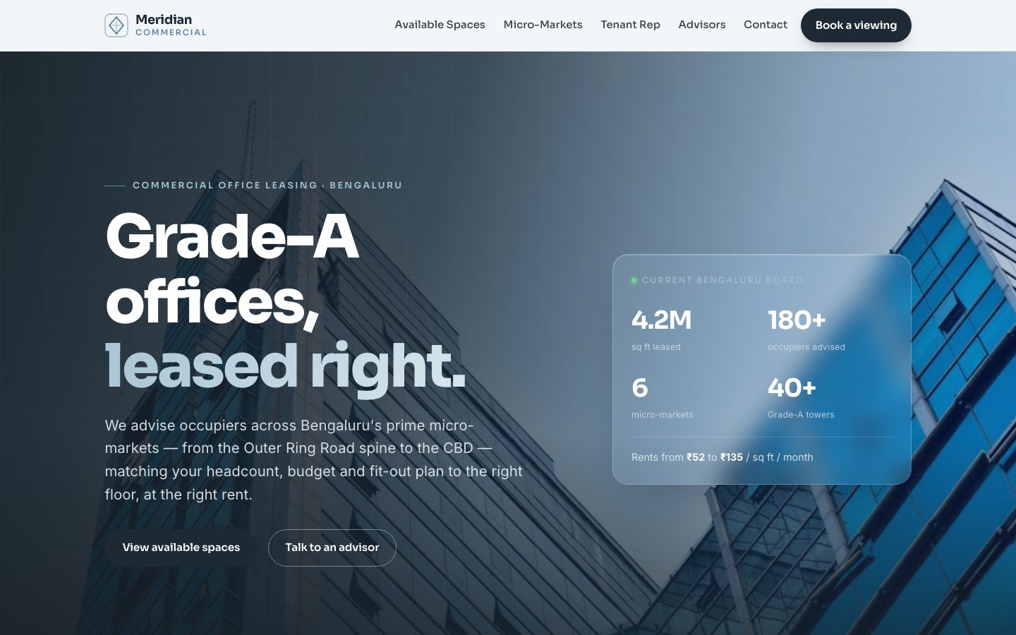 Home page of Meridian Commercial, a commercial leasing website built by The Close Studio