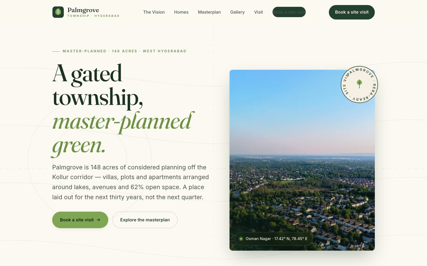 Home page of Palmgrove Township, a township developer website built by The Close Studio