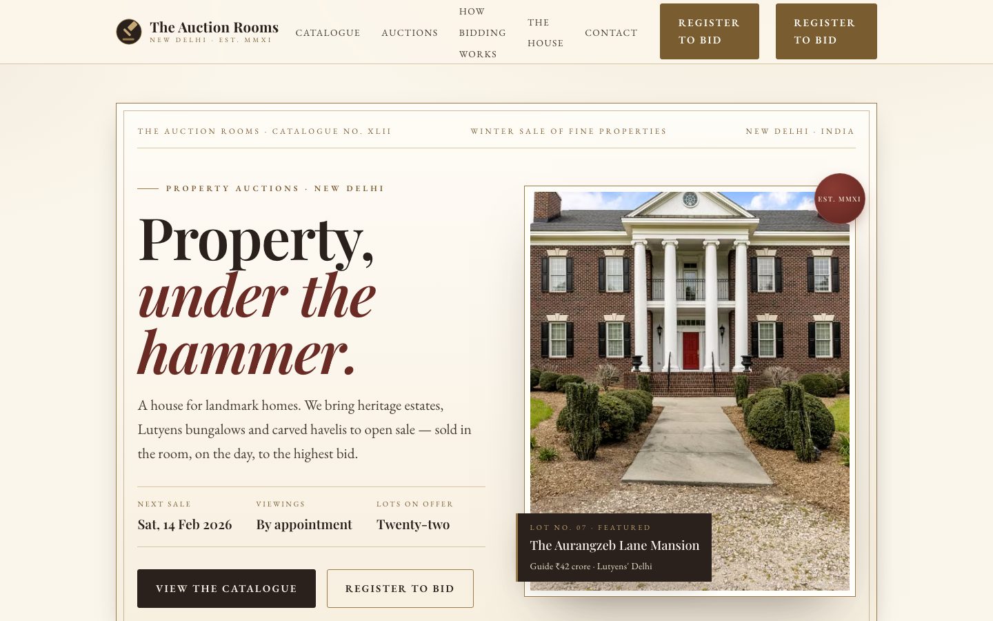 Home page of The Auction Rooms, a property auctions website built by The Close Studio