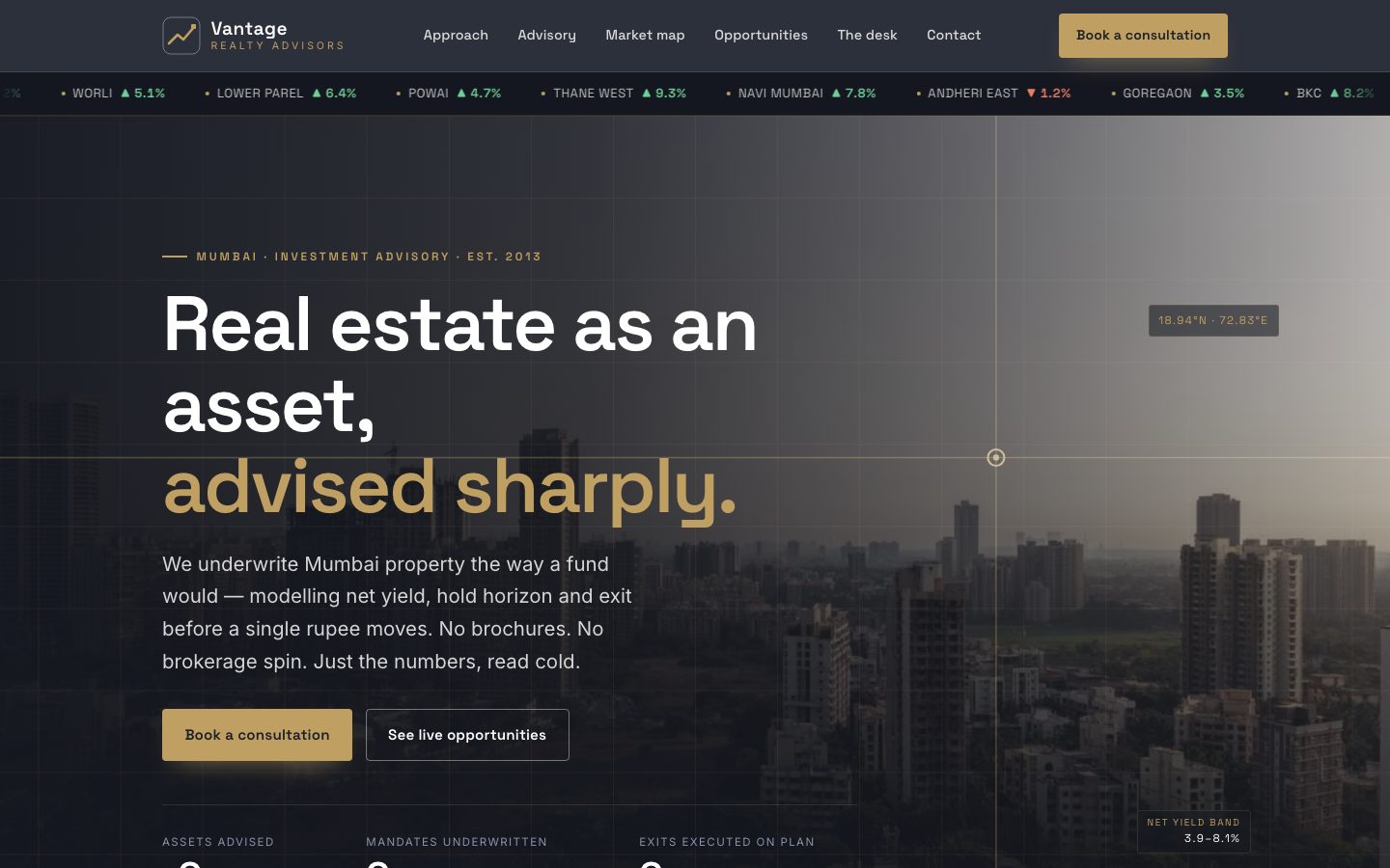 Home page of Vantage Realty Advisors, a investment advisory website built by The Close Studio