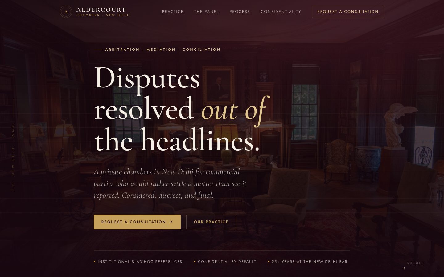 Home page of Aldercourt Chambers, a arbitration & mediation law website built by The Docket Studio