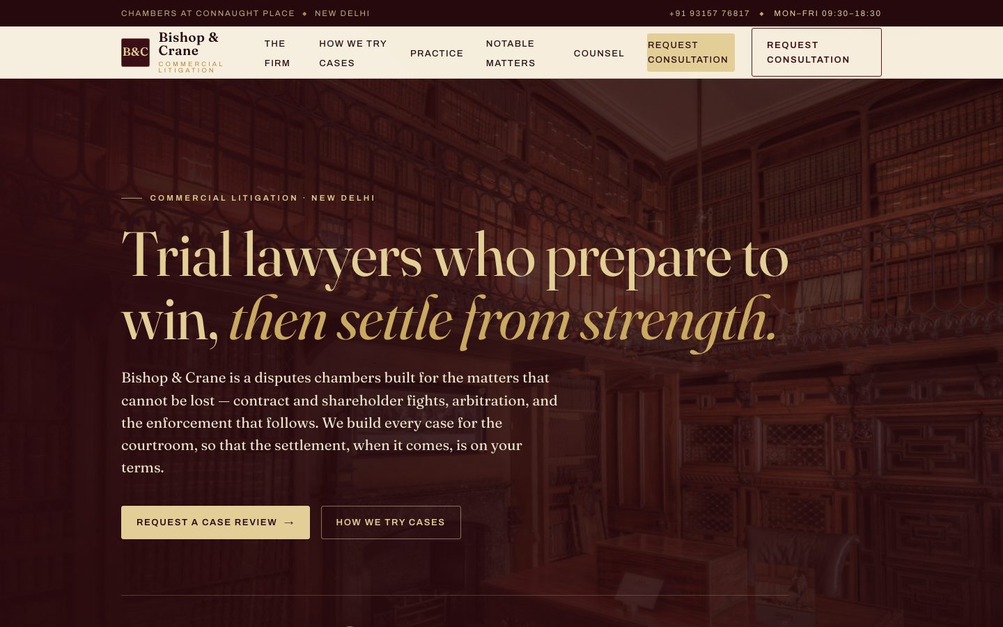 Bishop & Crane — commercial litigation website built by The Docket Studio