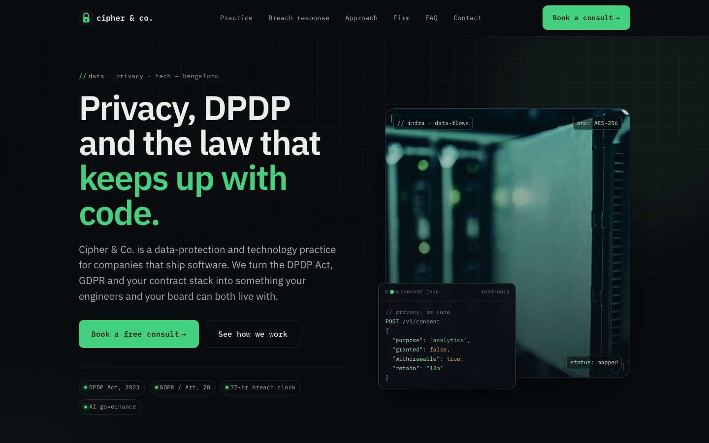 Home page of Cipher & Co., a data, privacy & tech law website built by The Docket Studio