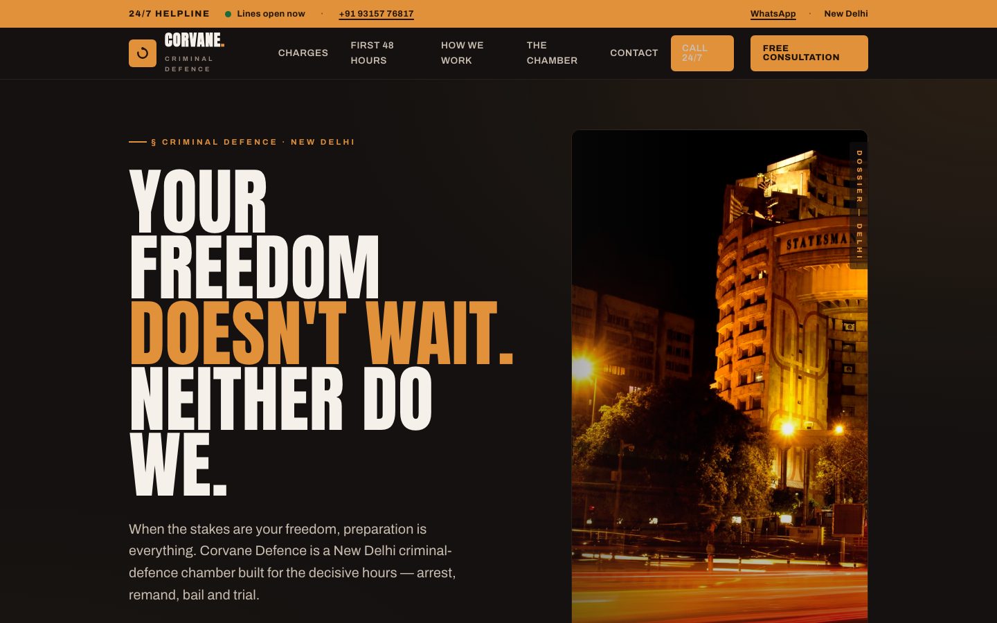 Home page of Corvane Defence, a criminal defence law website built by The Docket Studio