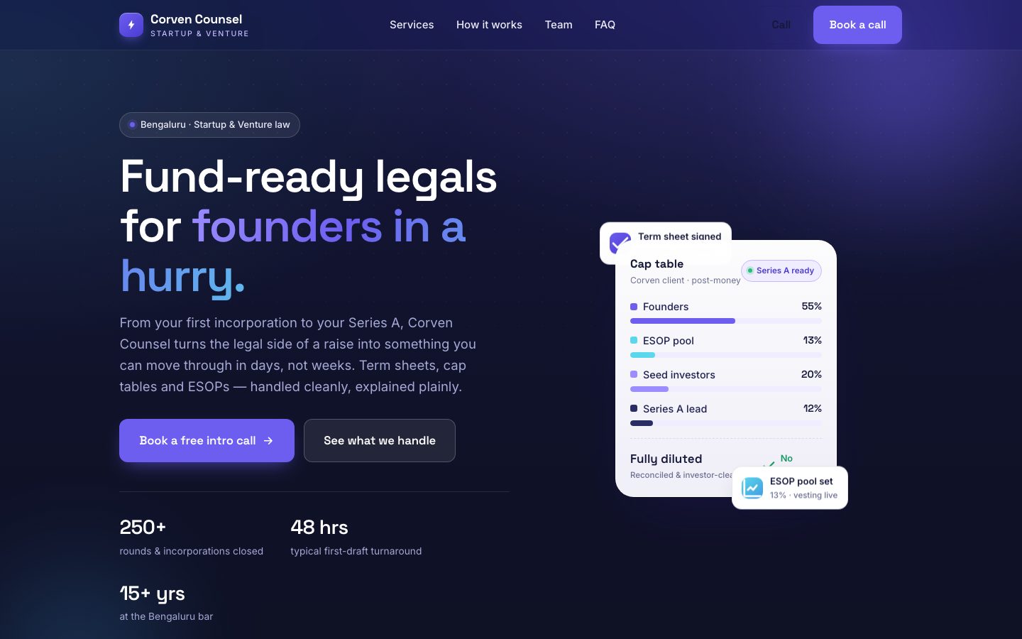 Home page of Corven Counsel, a startup & venture law website built by The Docket Studio