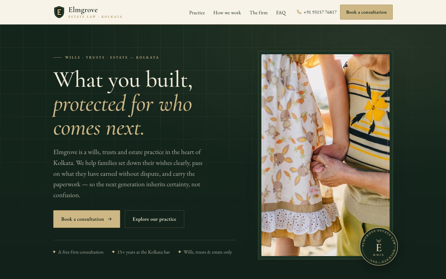 Home page of Elmgrove Estate Law, a wills, trusts & estate law website built by The Docket Studio