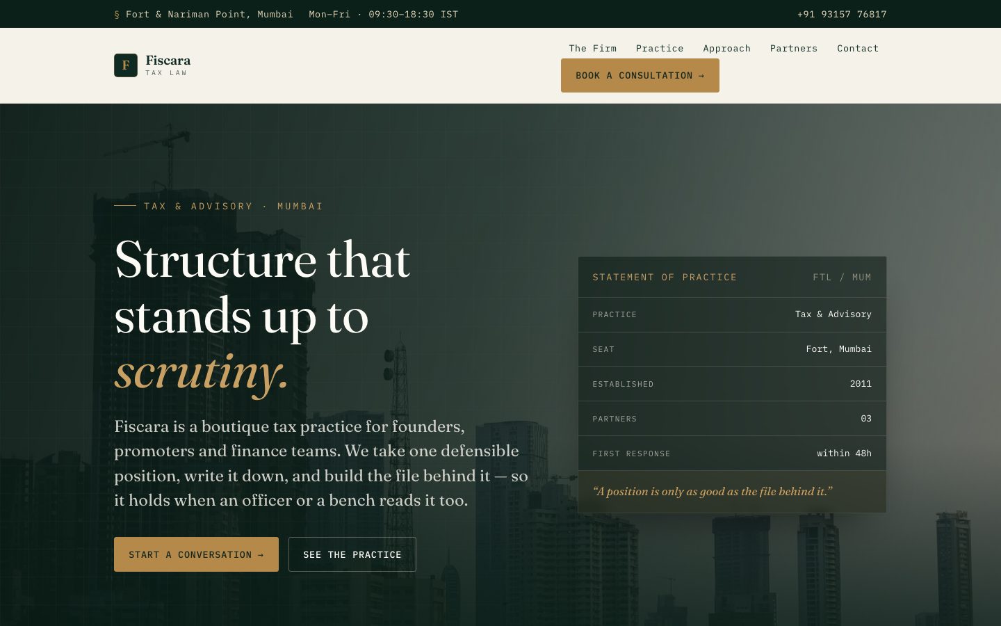 Home page of Fiscara Tax Law, a tax & advisory law website built by The Docket Studio
