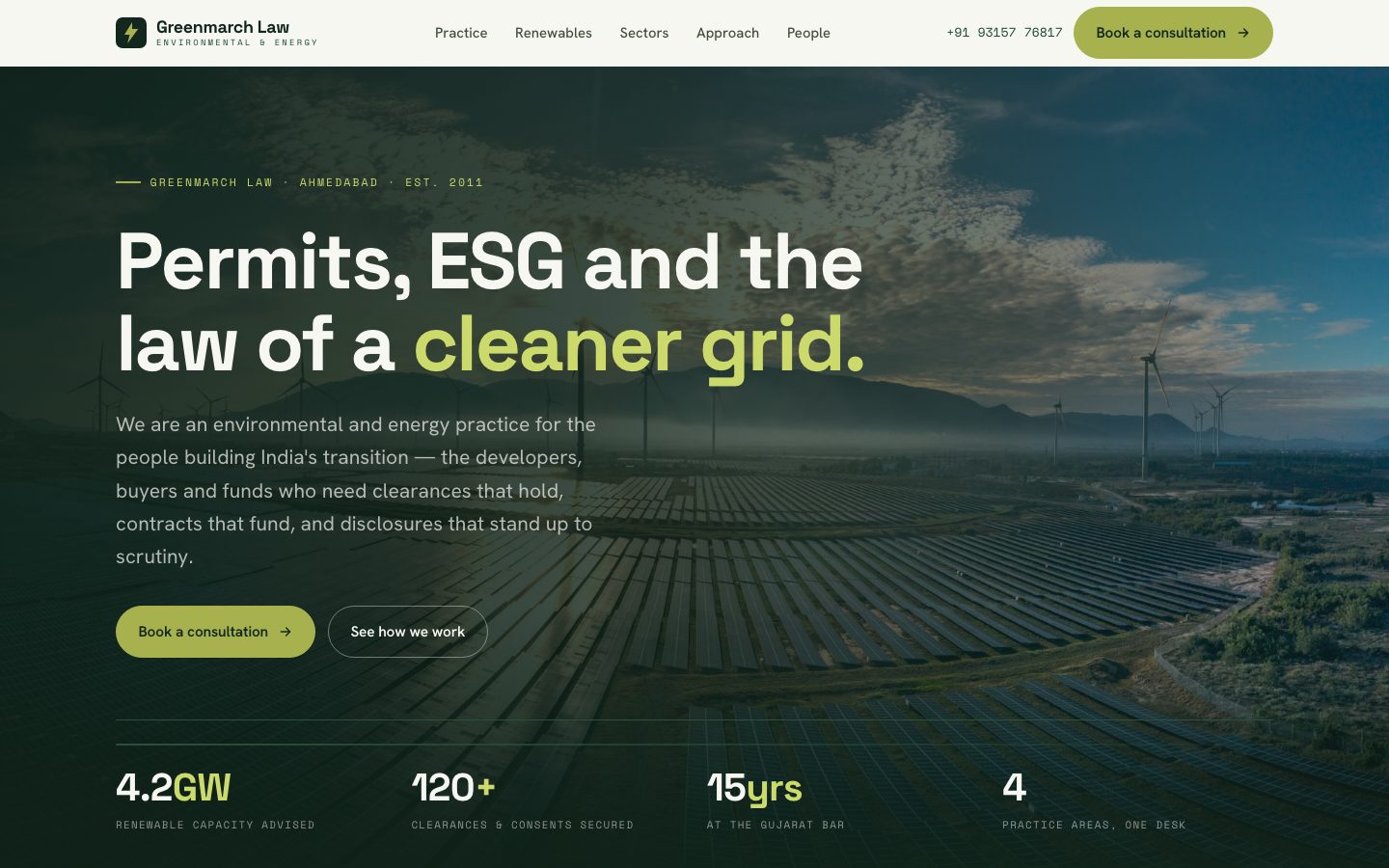 Home page of Greenmarch Law, a environmental & energy law website built by The Docket Studio