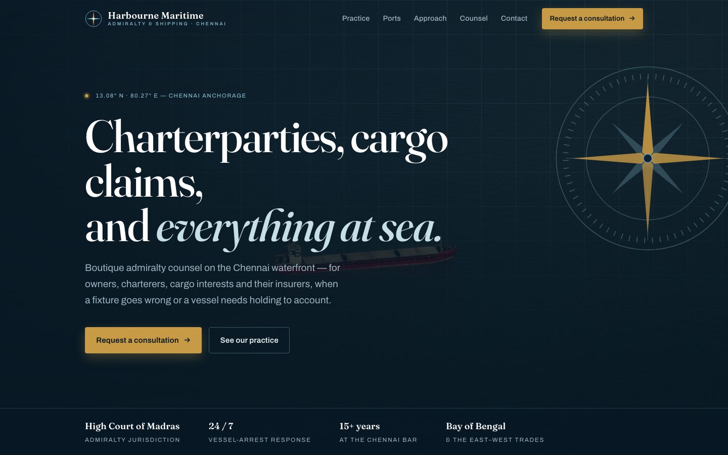 Home page of Harbourne Maritime, a shipping & maritime law website built by The Docket Studio