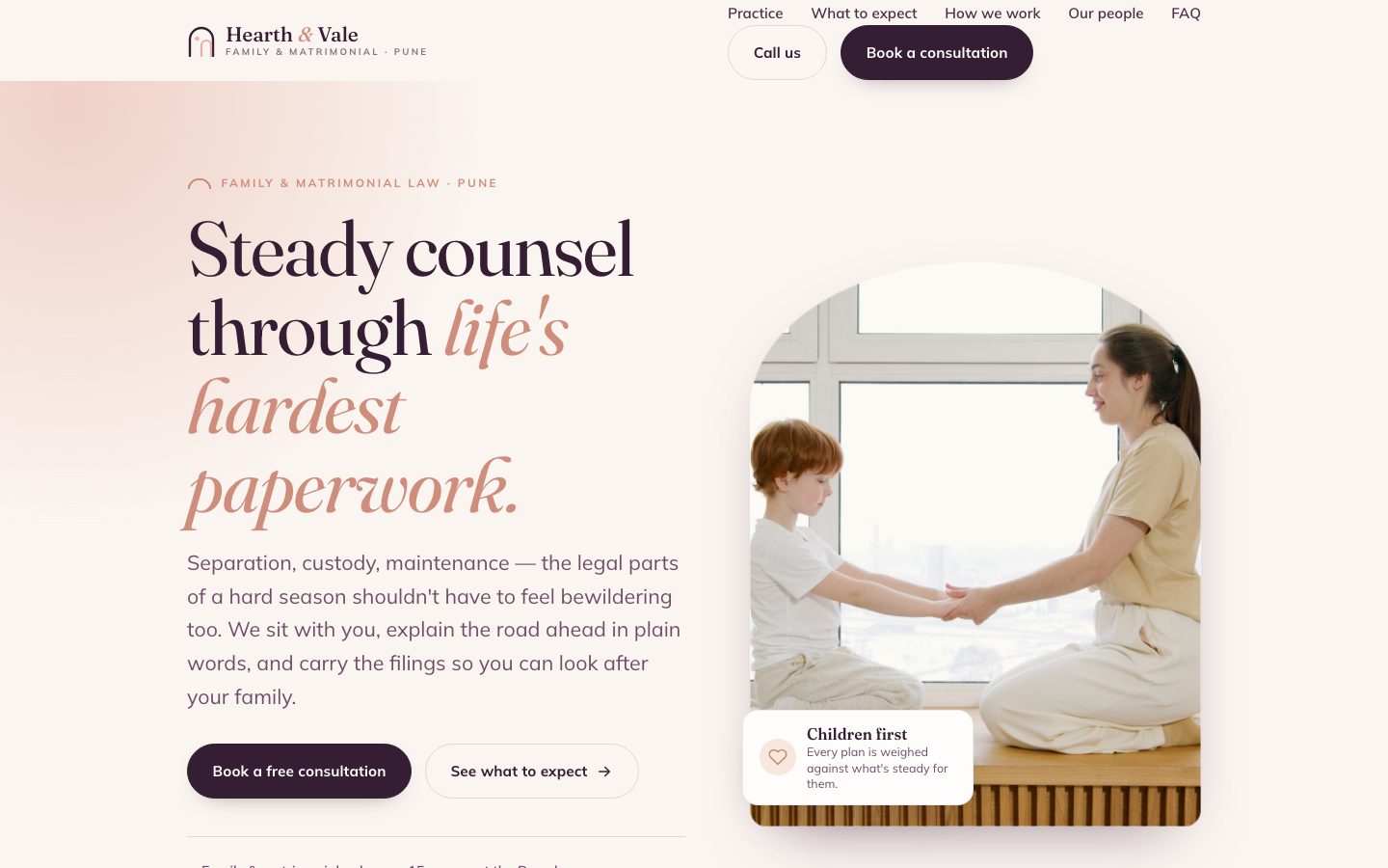 Home page of Hearth & Vale, a family & matrimonial law website built by The Docket Studio