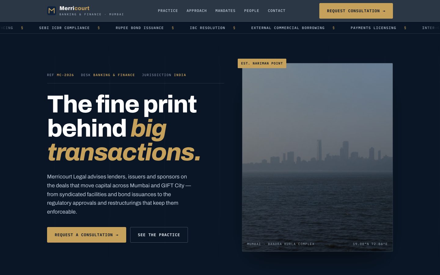 Home page of Merricourt Legal, a banking & finance law website built by The Docket Studio