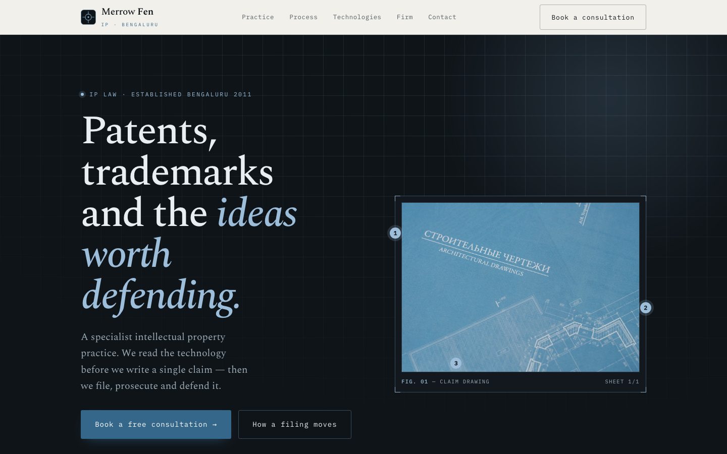 Merrow Fen — intellectual property website built by The Docket Studio