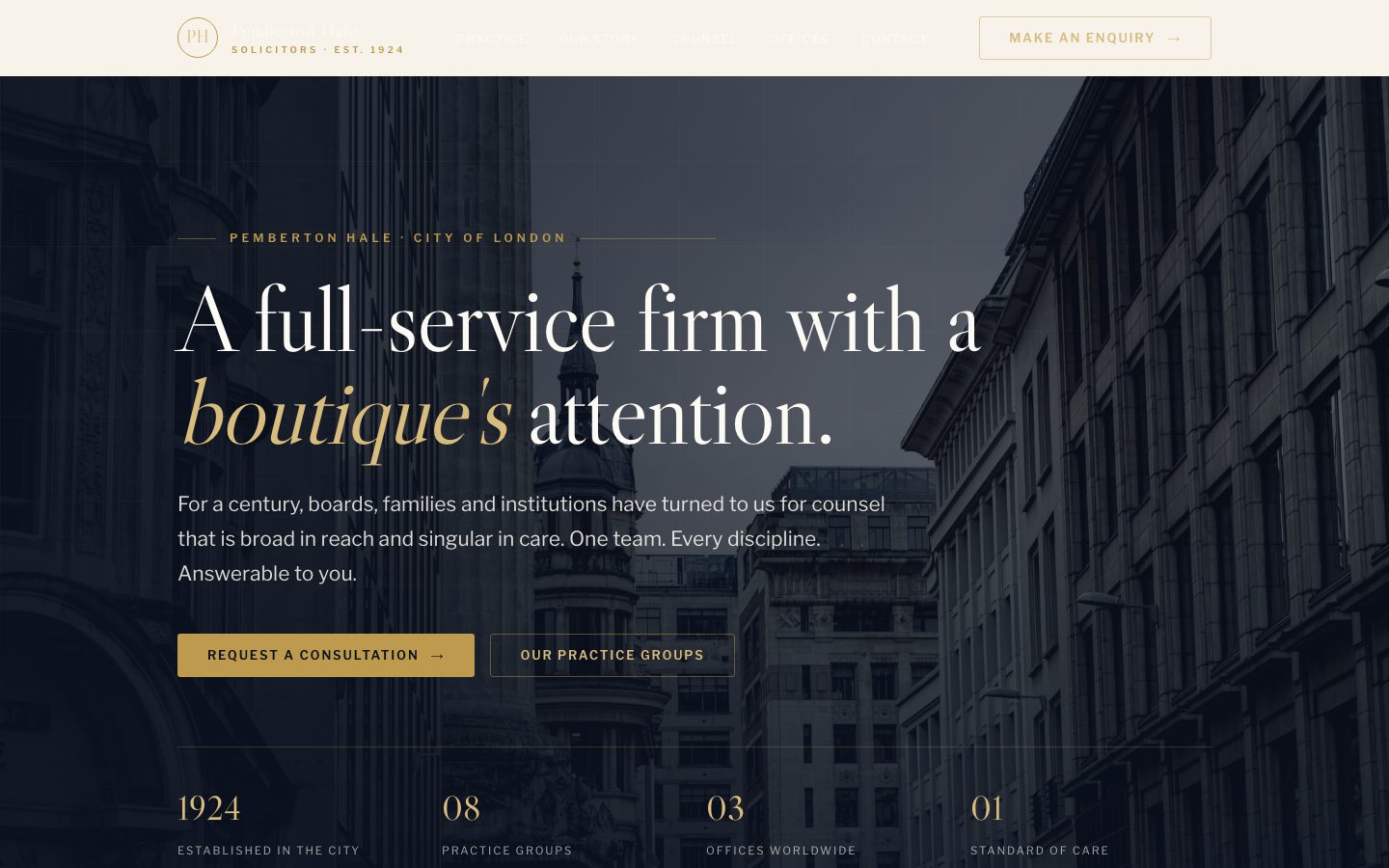 Home page of Pemberton Hale, a full-service firm law website built by The Docket Studio