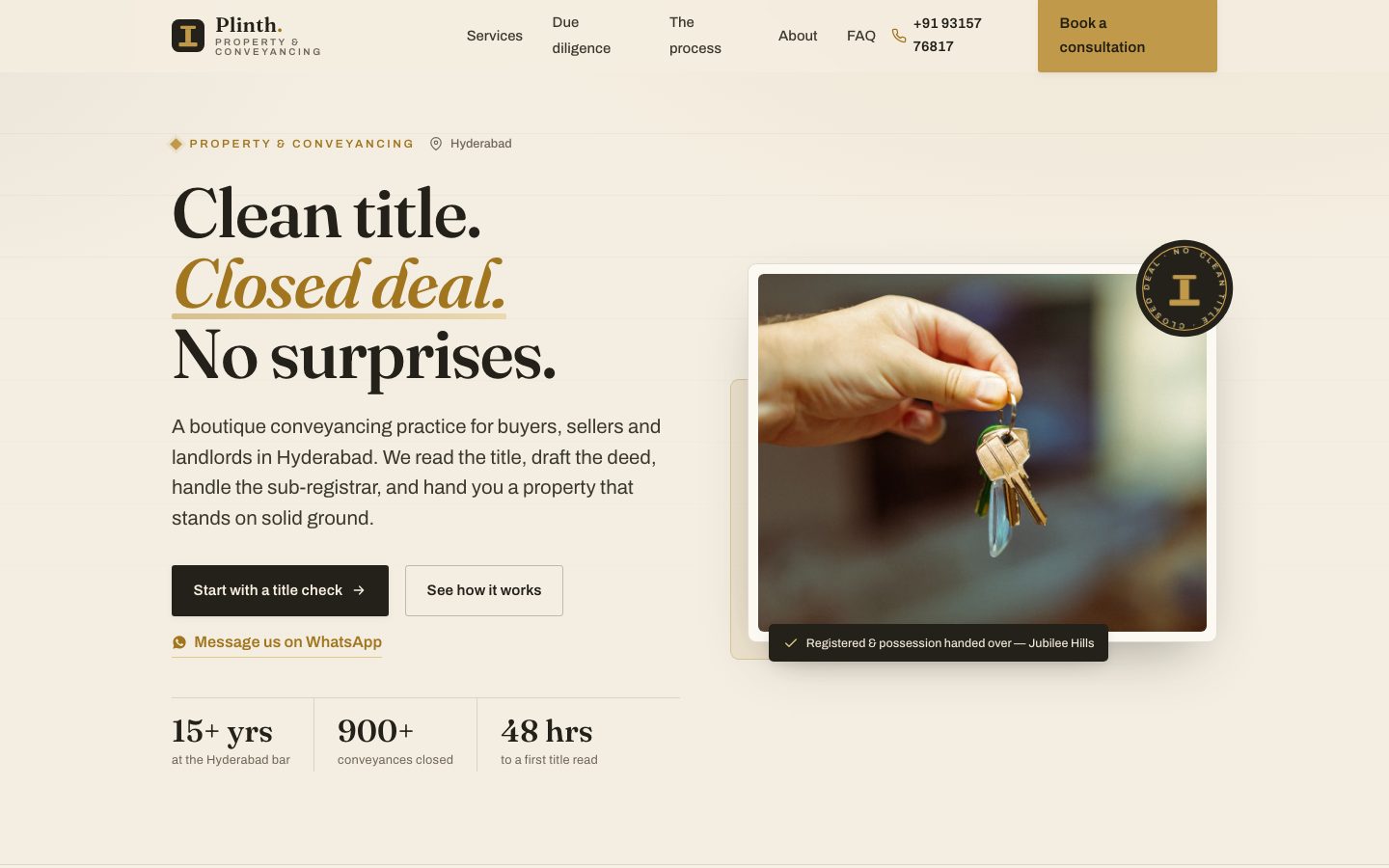 Home page of Plinth Law, a property & conveyancing law website built by The Docket Studio
