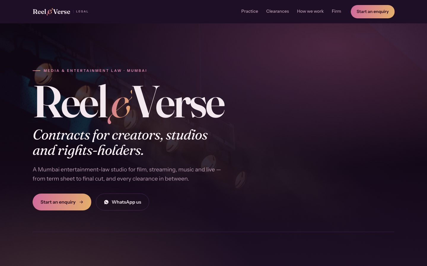 Home page of Reel & Verse Legal, a media & entertainment law website built by The Docket Studio
