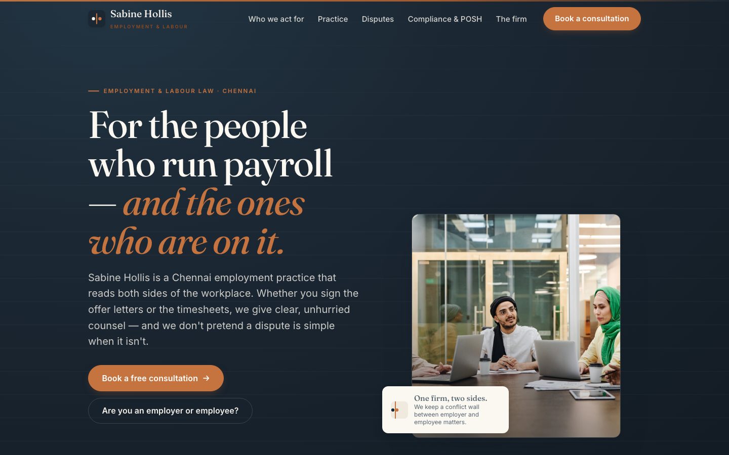 Home page of Sabine Hollis, a employment & labour law website built by The Docket Studio