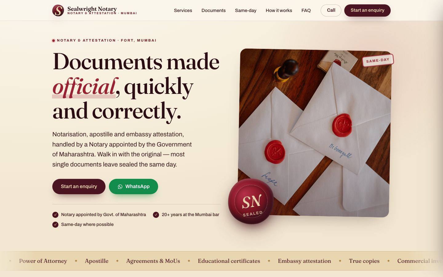 Home page of Sealwright Notary, a notary & attestation law website built by The Docket Studio