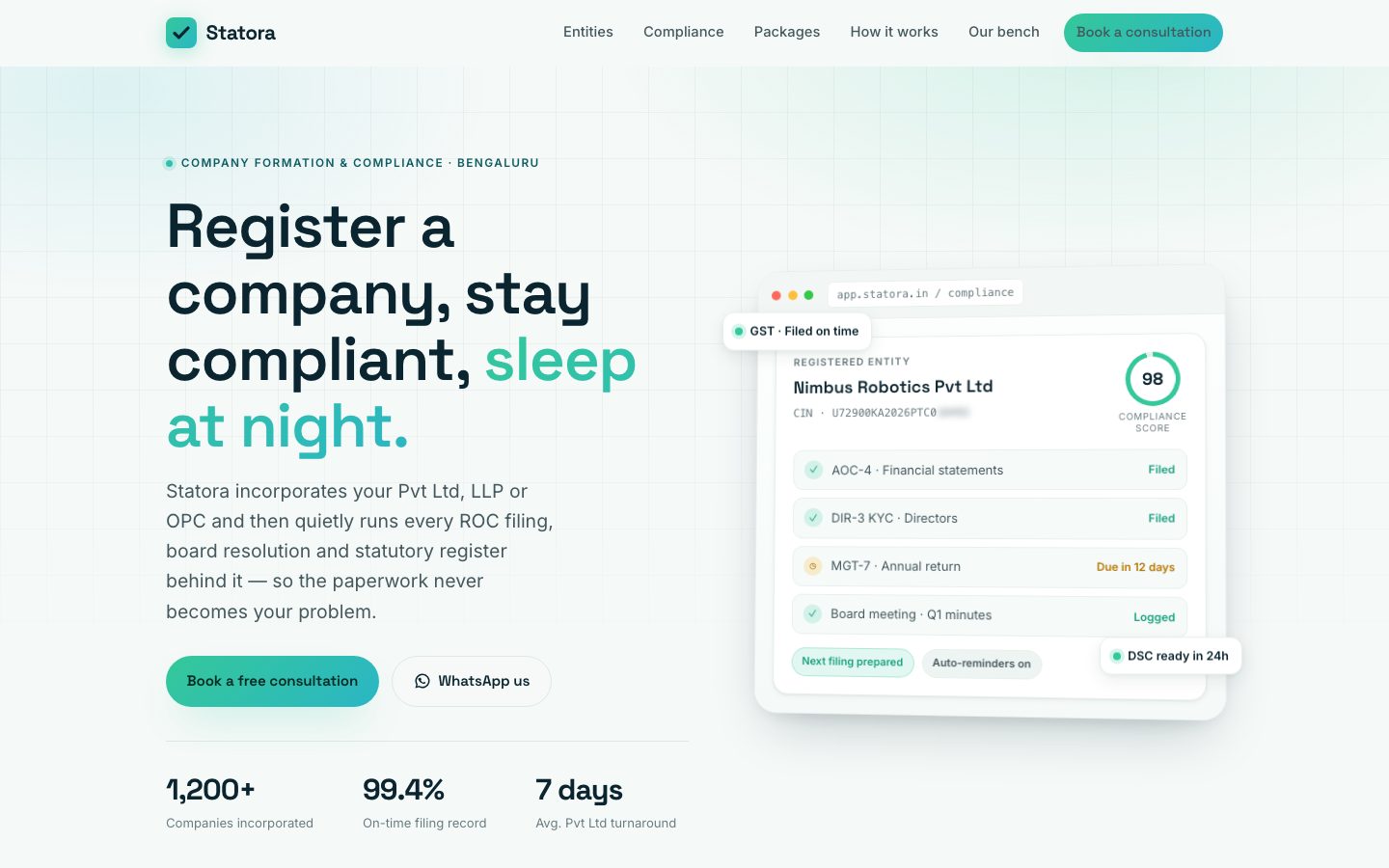 Home page of Statora, a company formation & compliance law website built by The Docket Studio