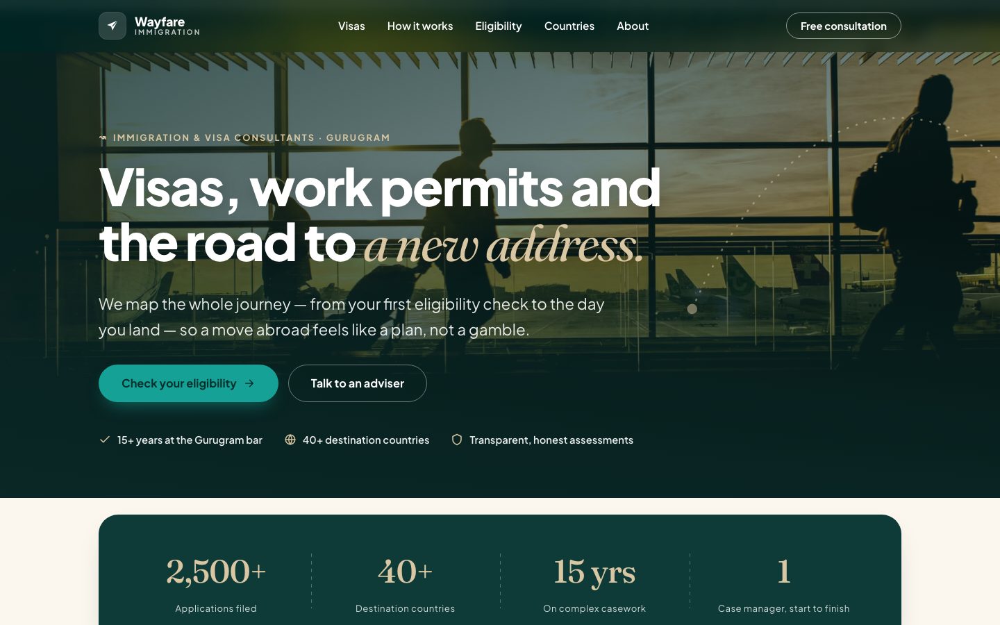 Home page of Wayfare Immigration, a immigration & visas law website built by The Docket Studio