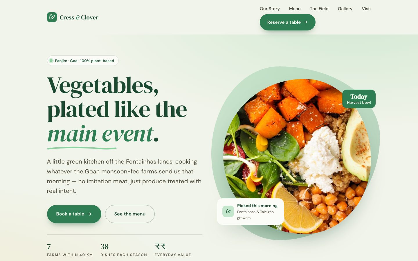 Home page of Cress & Clover, a plant-based kitchen website built by The Pass Studio