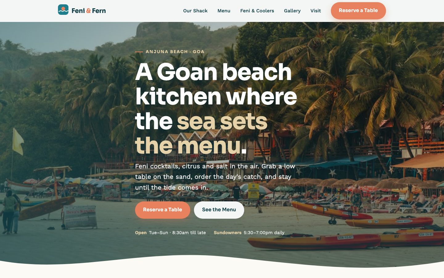 Home page of Feni & Fern, a beachside café website built by The Pass Studio